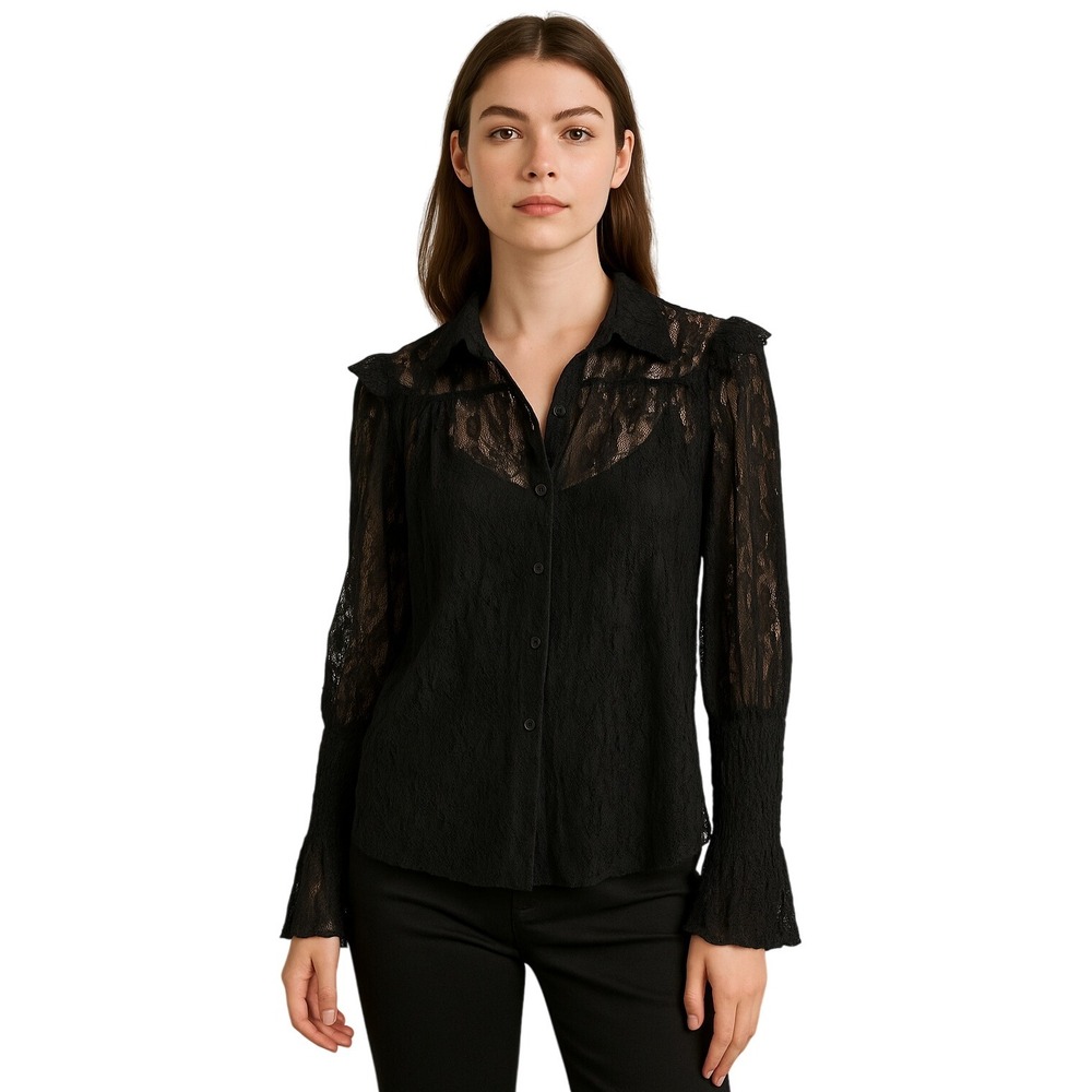 AMBER SHU Sheer button front lace top Whimsey Goth Fairycore Lace‎ Ruffle S